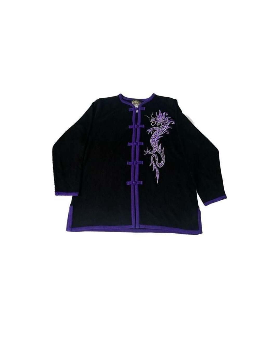 Bob Mackie Vintage Black & Purple Dragon Embroidered Sweater with Mandarin Knot